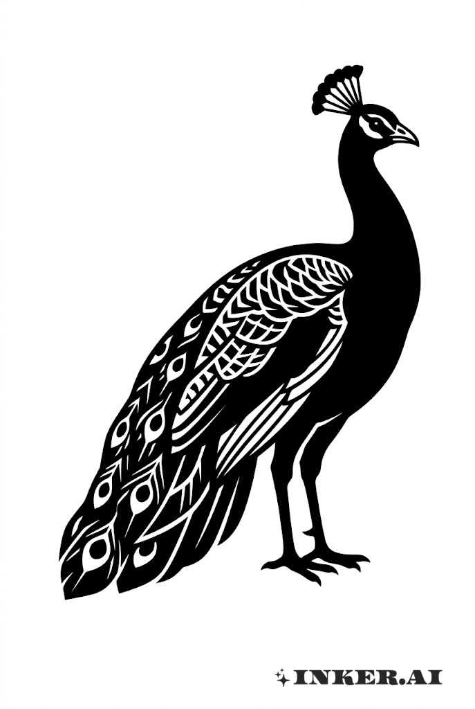 Pavo real en pose majestuosa estilo Blackwork