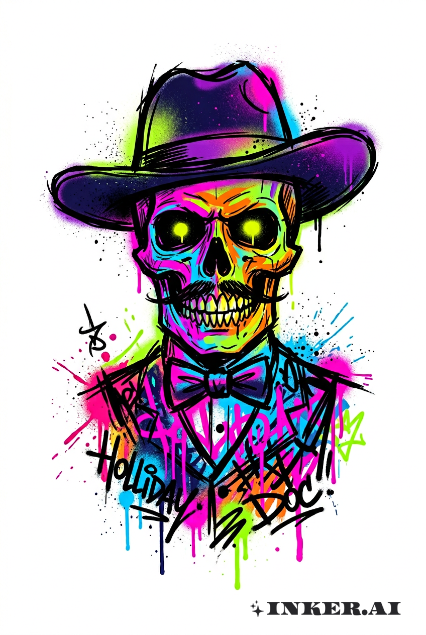 一幅黑白涂鸦风格的骷髅头，戴着牛仔帽和墨镜，还配有鲜艳的街头艺术装饰。