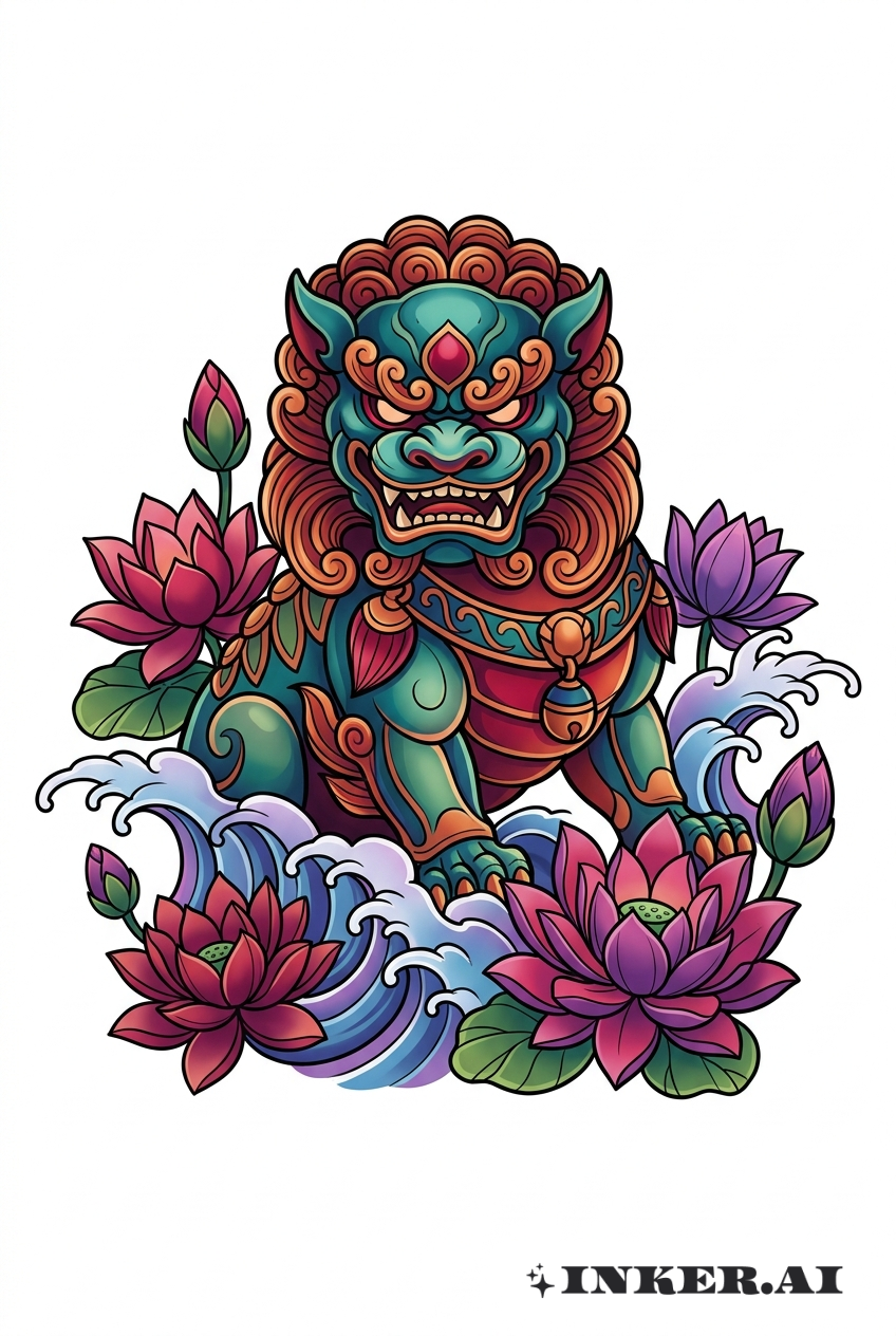 Lion gardien néo-traditionnel et lotus