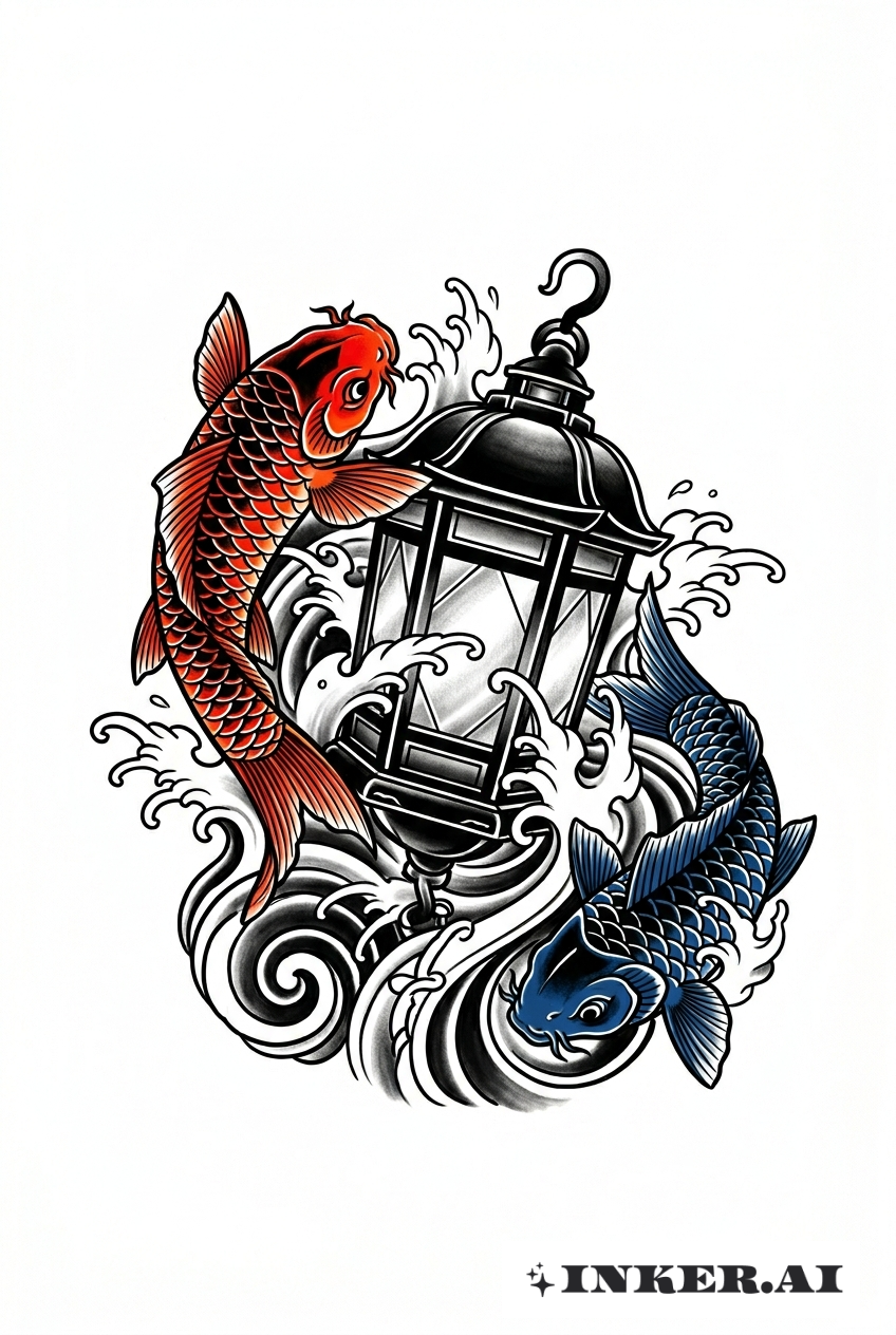 黑色燈籠與錦鯉