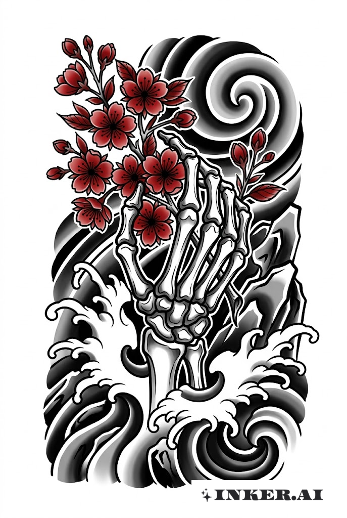 Japanische Schädelhand mit Kirschblüten