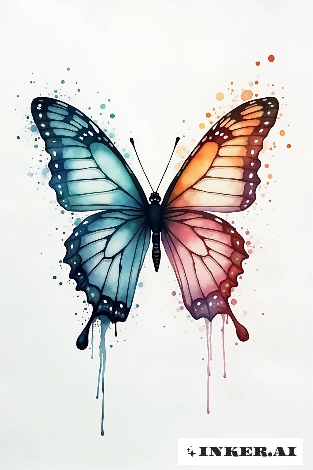 A vibrant butterfly dissolving into paint strokes, showcasing a mix of vivid colors such as blue, purple, and pink against a white background.
