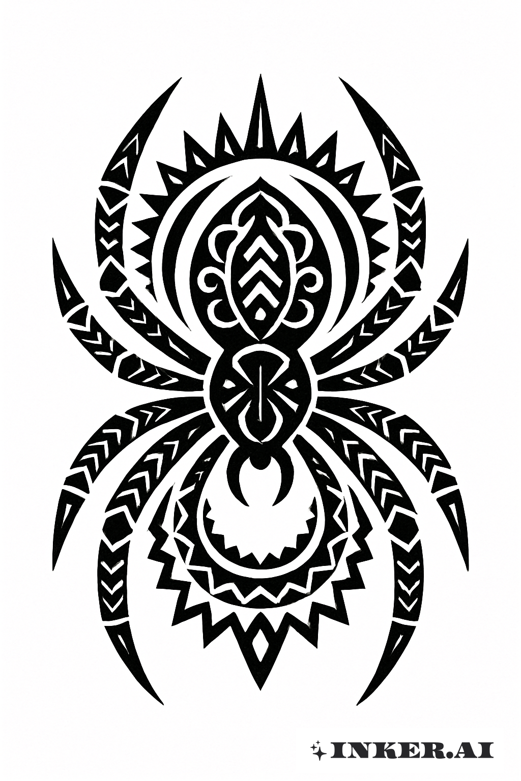 Un tatuaje de araña tribal que presenta patrones simétricos intrincados y líneas de tinta negra audaz, simbolizando la fuerza y el misterio de la araña.