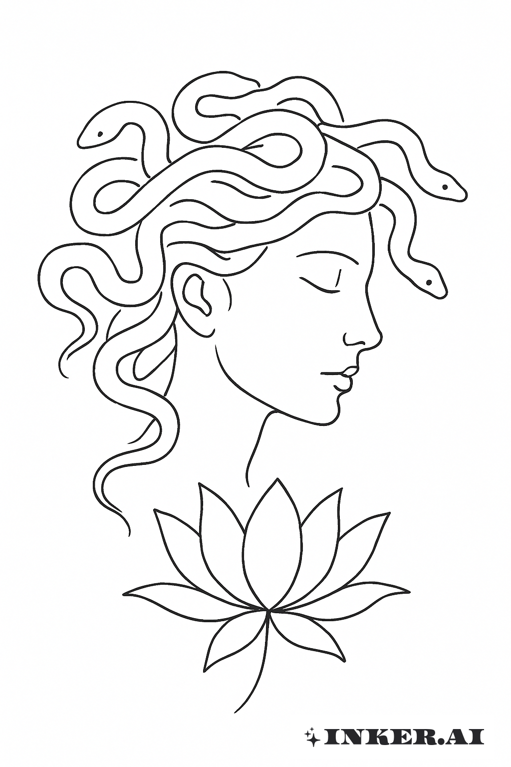 Single Line Medusa with a Lotus Flower