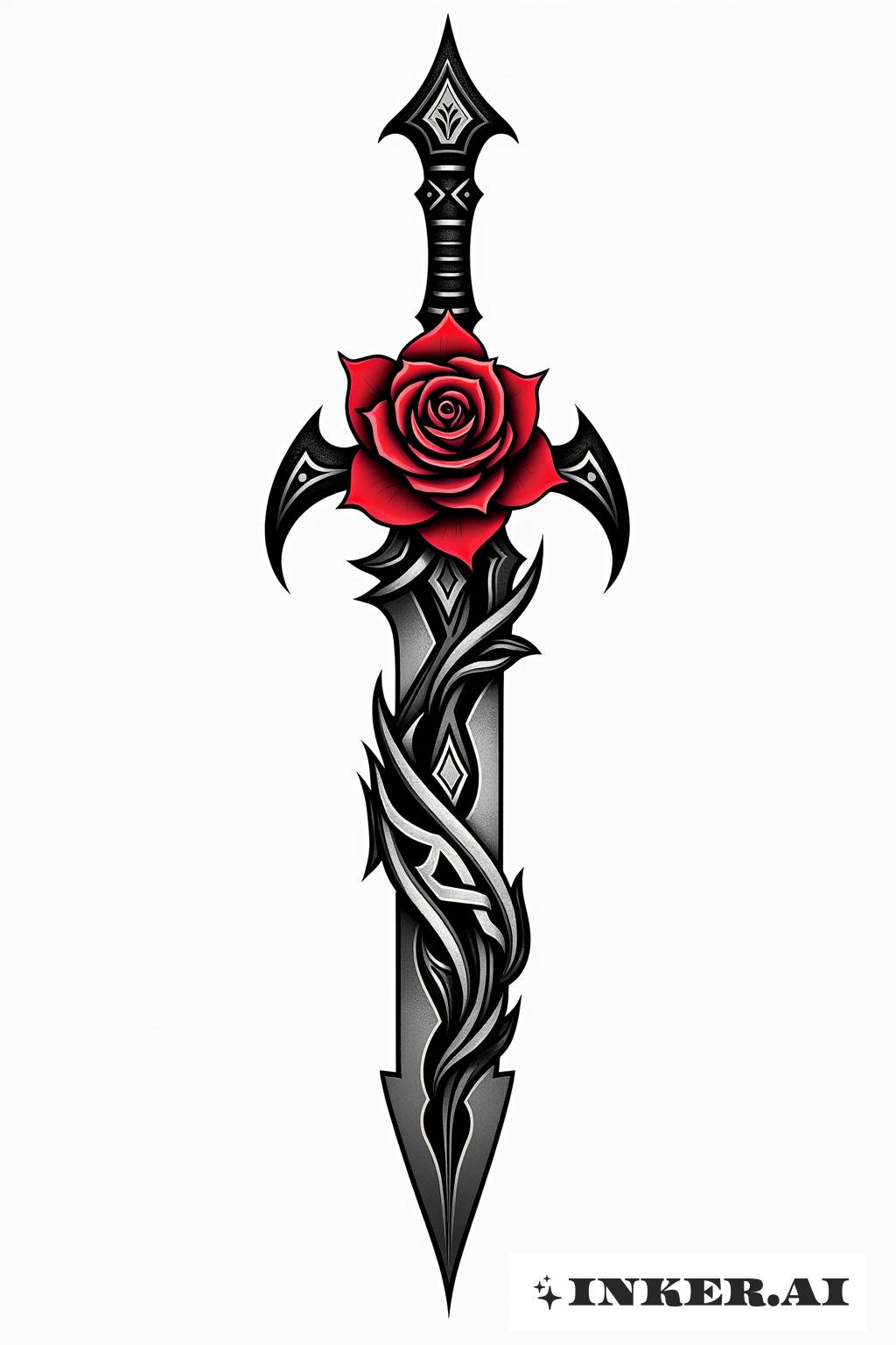 A striking tattoo design depicting a detailed rose intricately winding around the blade of a finely crafted sword, set against a clean background.