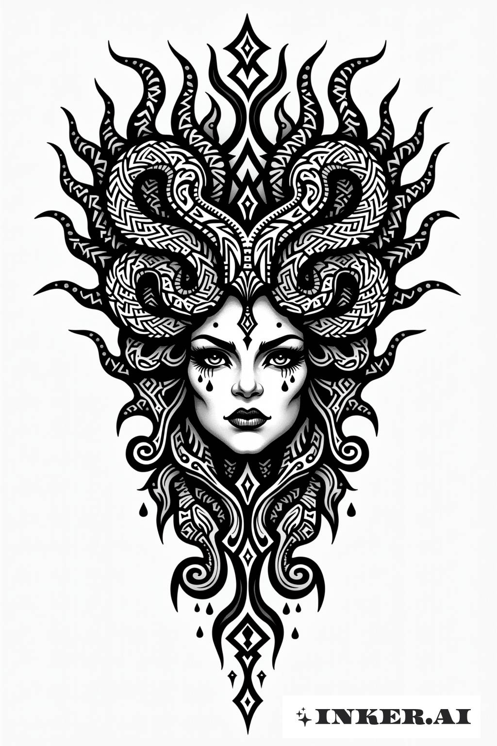 Un tatouage tribal complexe présentant un visage semblable à celui de Méduse avec des designs de serpents enroulés autour, mettant en valeur la mythologie et l'art.