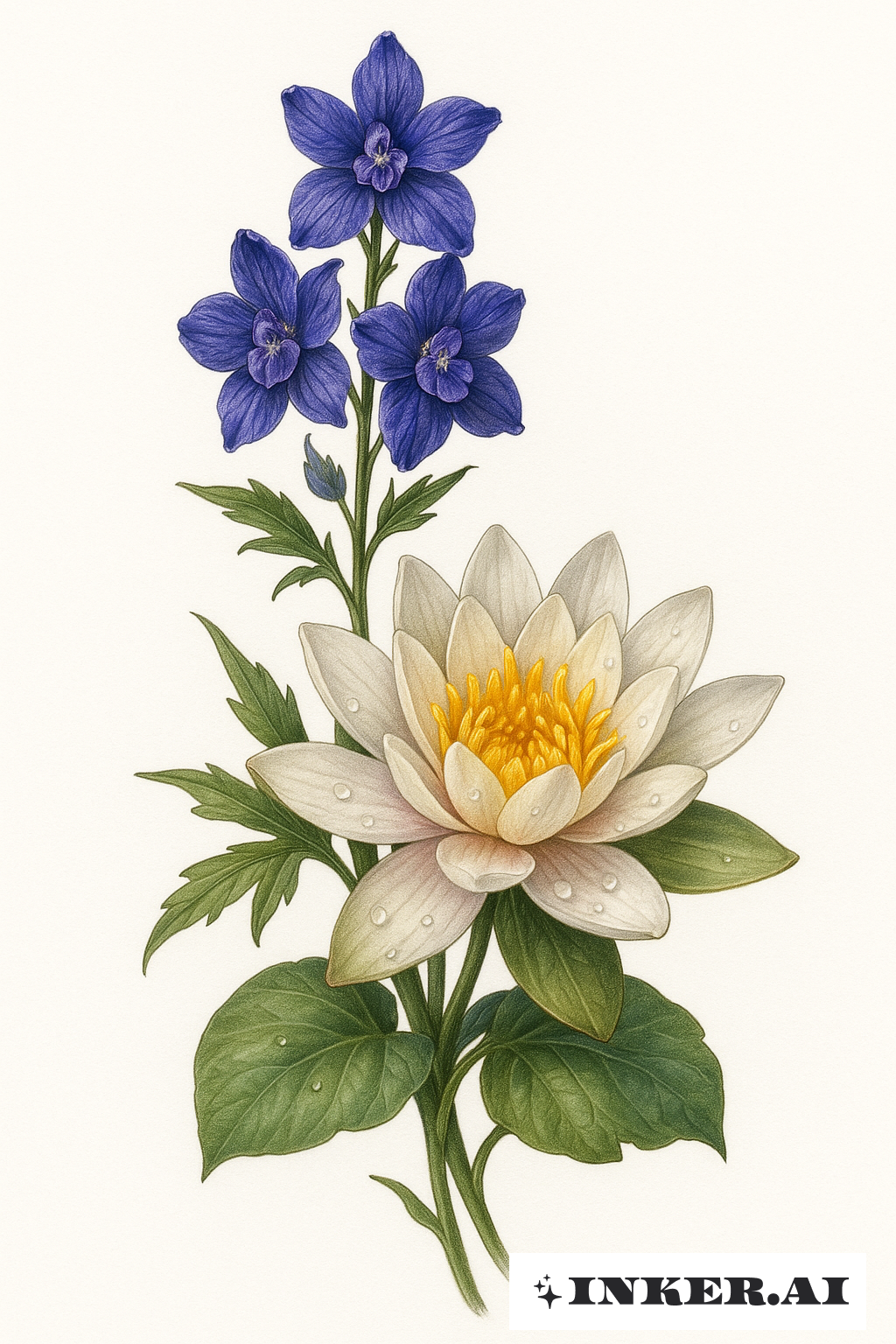 Detailed Larkspur And Realistic Water Lily