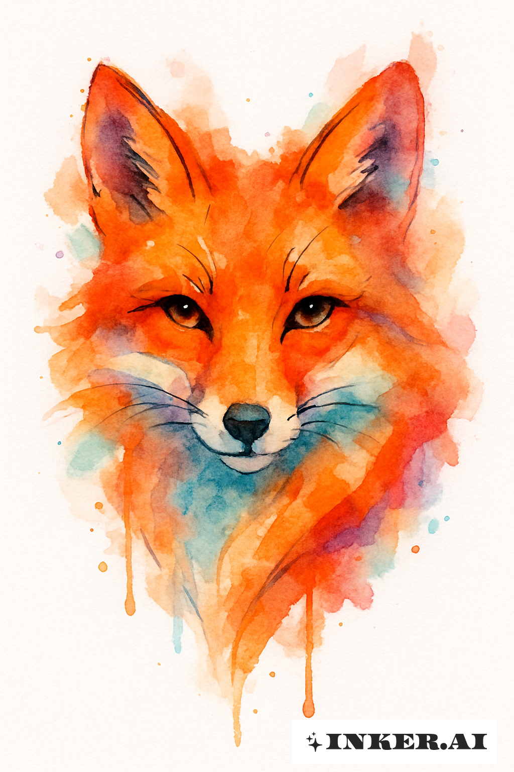 Un Visage de Renard Abstrait aux Taches d'Aquarelle