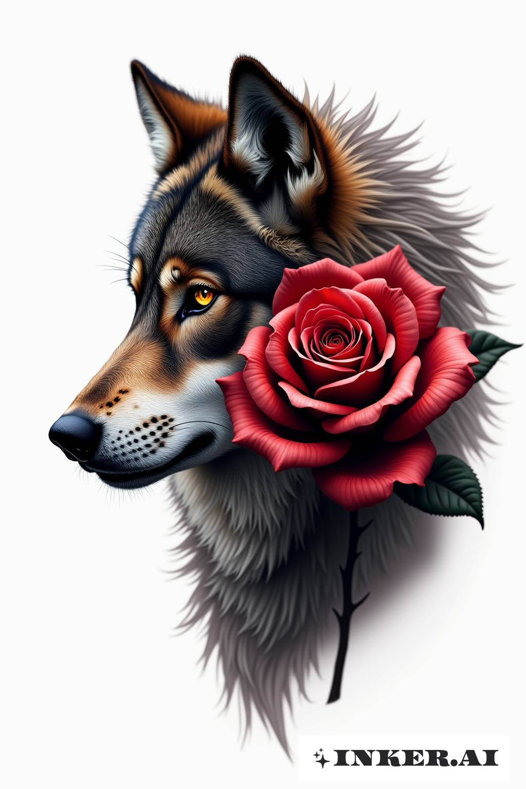 A stunning tattoo depicting a wolf overlaid with a rose, merging their images seamlessly in a double exposure effect.