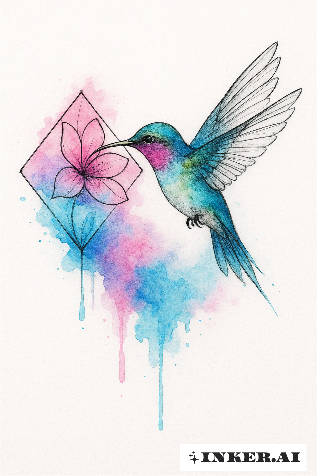 Hummingbird And A Watercolor Diamond Flower