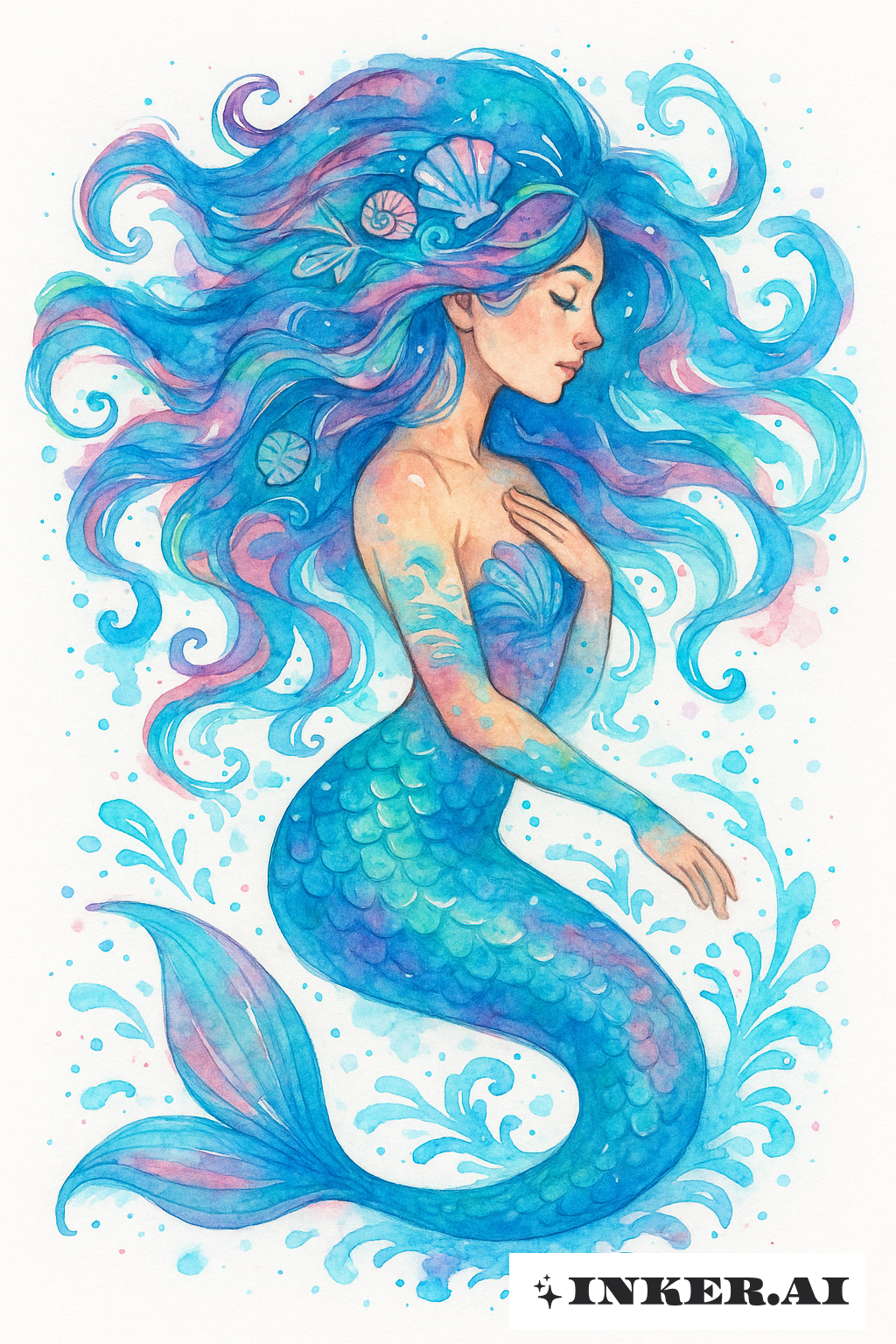 A Sereia Colorida Com Cabelos em Aquarela