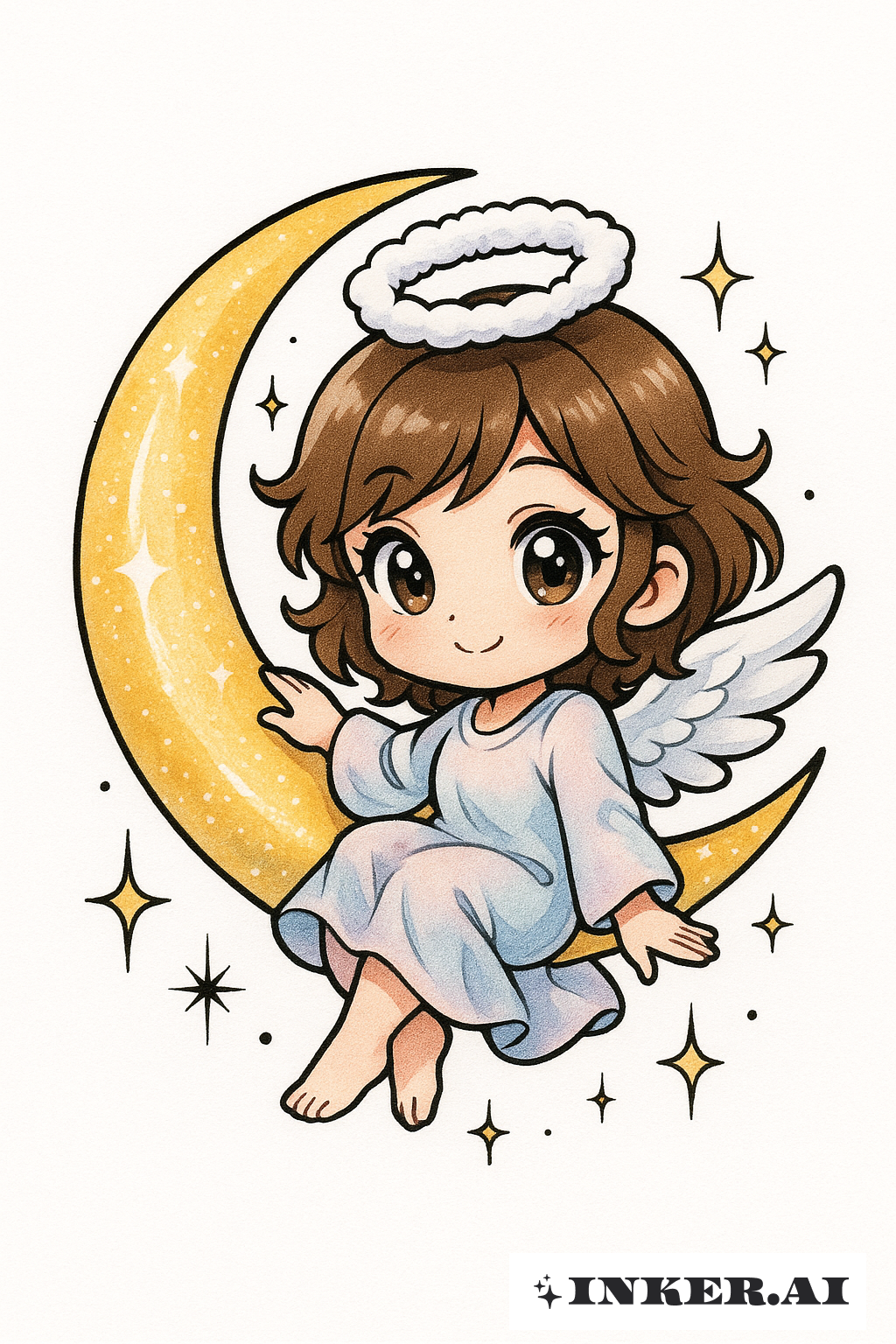 Chibi Guardian Angel on a Crescent Moon
