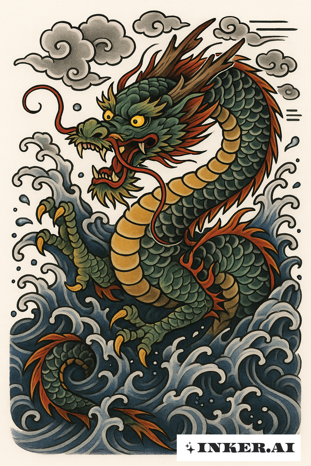Dragon Chinois Émergeant des Vagues