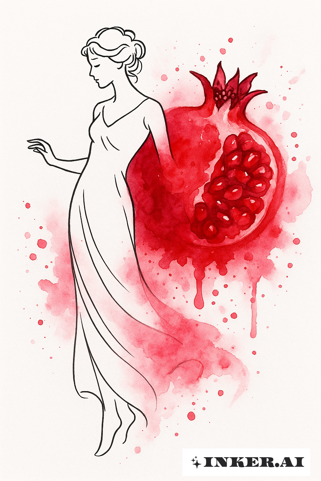 Persephone's Silhouette With A Red Pomegranate Splash