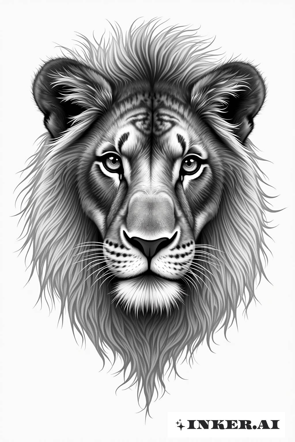 Un detallado tatuaje lineal del rostro de un león con elementos de galaxia en sus ojos.