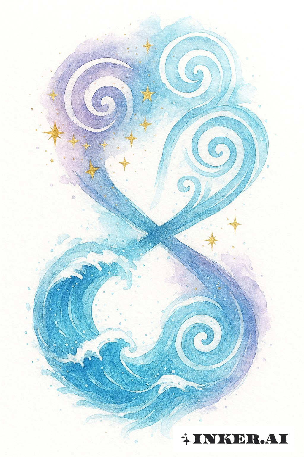 Ein lebendiges Tattoo, das Spirale, Stern, Ozeanwelle und Unendlichkeits-Elemente in einem bunten Aquarellstil kombiniert.