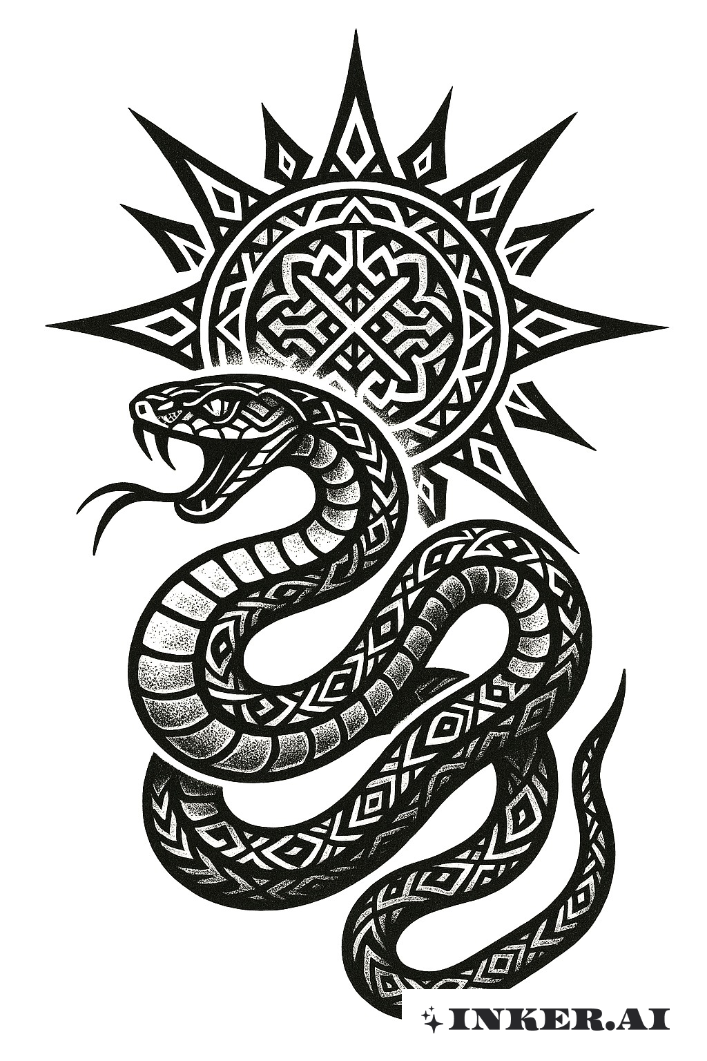 Un audaz diseño de tatuaje tribal que presenta una serpiente abandonada entrelazada con un patrón de estallido solar dinámico, usando líneas negras fuertes y detalles intrincados.