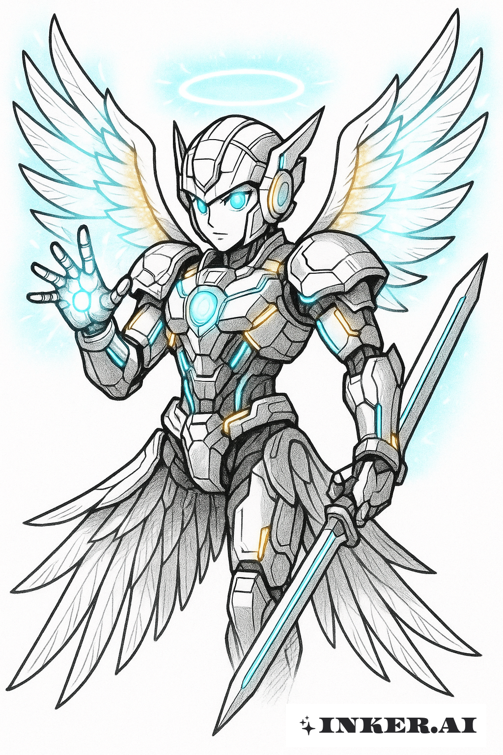 Mecha Guardian Angel with Luminous Wings