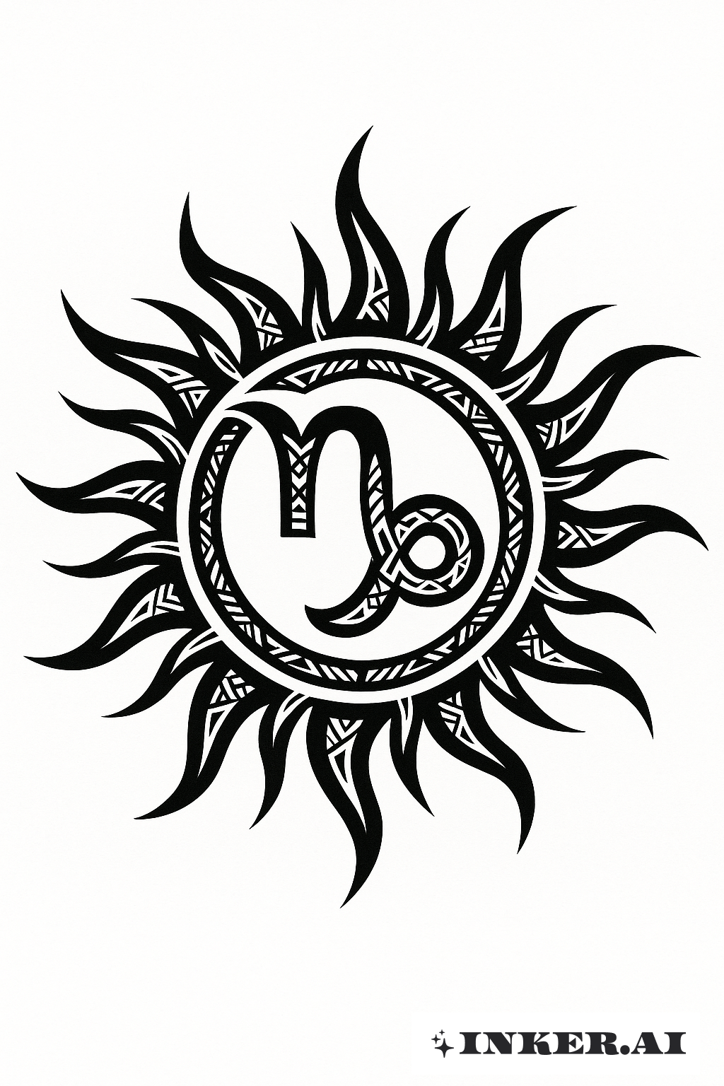 염소자리 중심의 부족 태양 디자인 타투 디자인: 무료 다운로드 및 가상 체험, image size:1024x1536