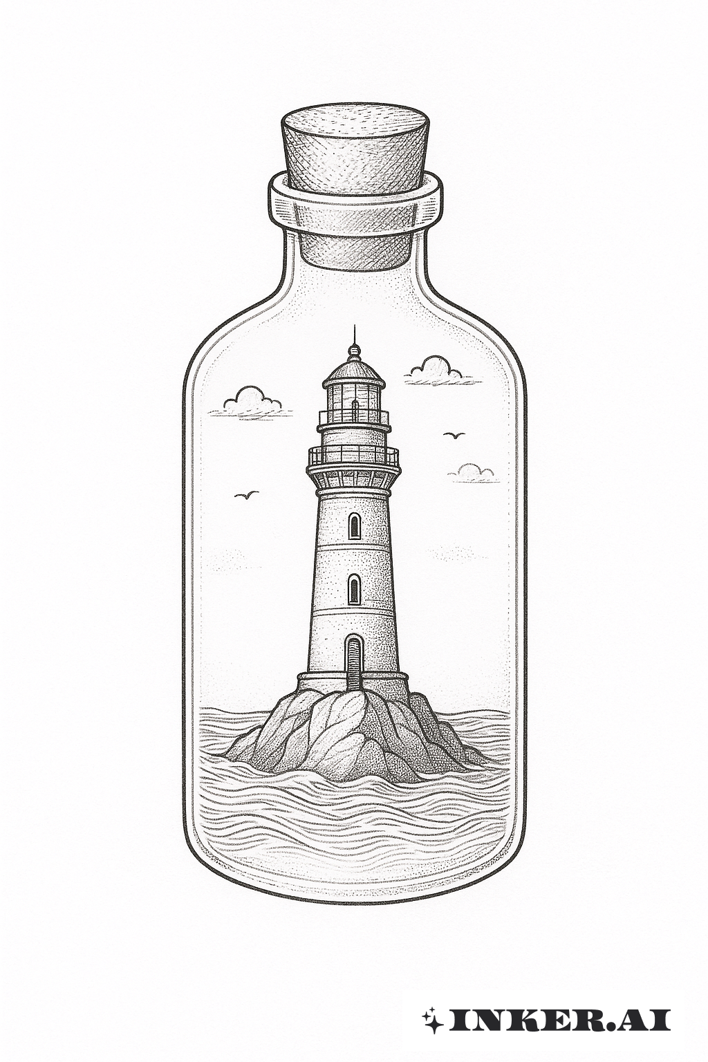 Scène du phare dans une bouteille