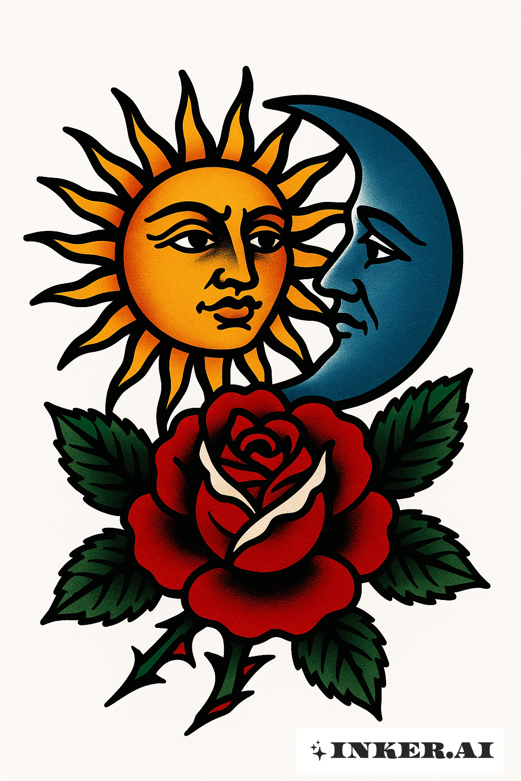 太陽と月と赤いバラ