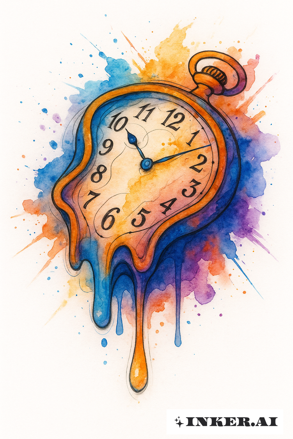 Une Horloge Fondante Avec Éclaboussures d'Aquarelle