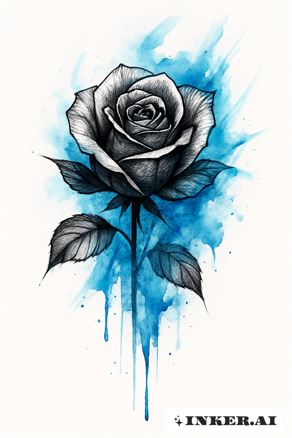 Black Rose With Blue Watercolor Splashes