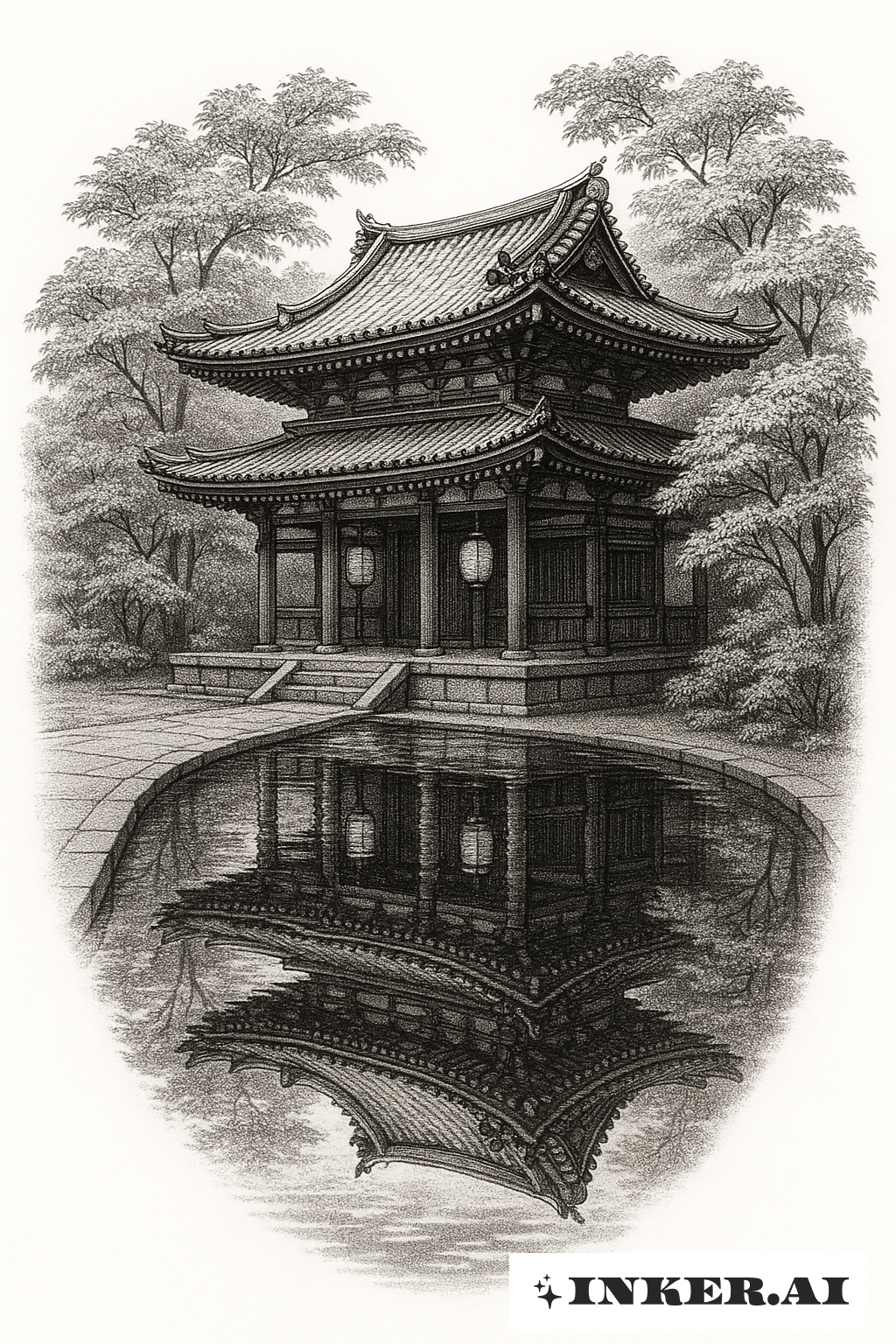 京都のお寺の前の鏡池