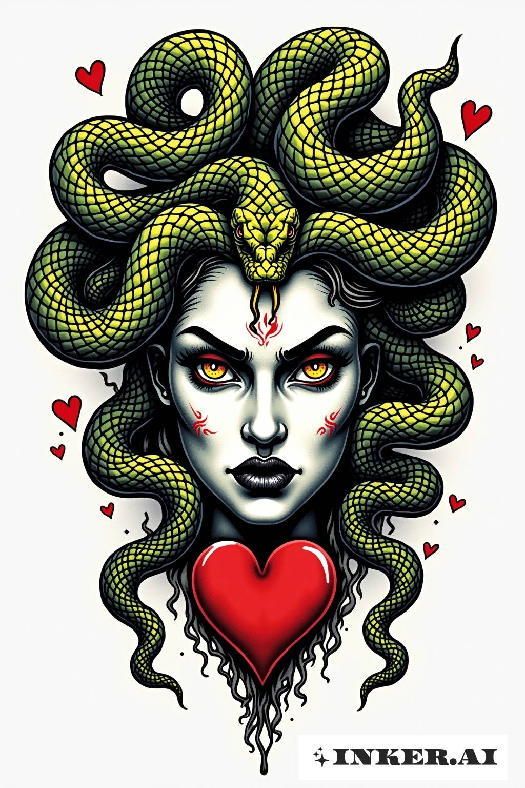 Uma tatuagem de Medusa com cabelo de cobra e rosto sombreado, típica do estilo tradicional americano.