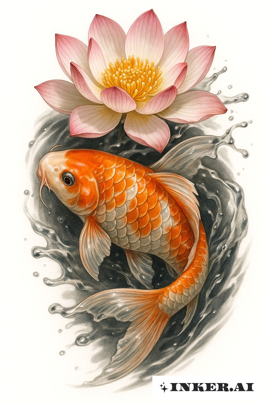 Ein lebendiges Tattoo zeigt einen realistischen Koi-Fisch, der unter einer detaillierten Lotusblume auf einem menschlichen Arm schwimmt.