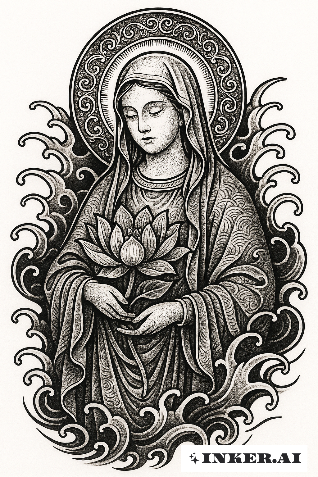 Style Irezumi Vierge Marie avec une Fleur de Lotus