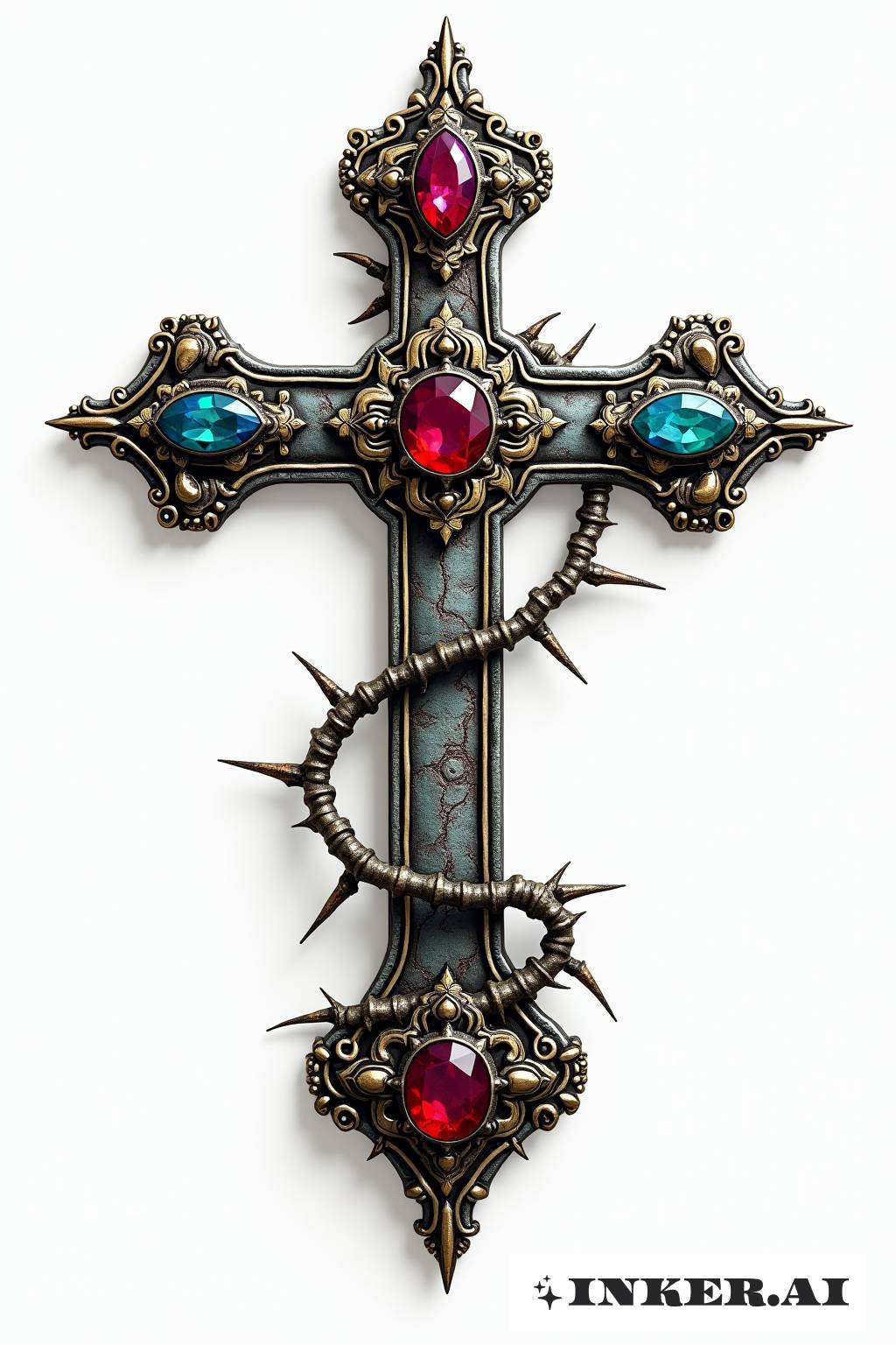 Uma cruz adornada com uma coroa, apresentando pedras preciosas detalhadas embutidas ao redor da estrutura, simbolizando autoridade e espiritualidade.