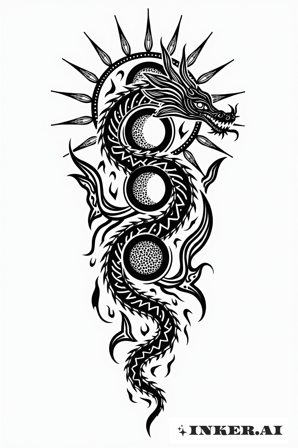 Un intrincado dragón de estilo tribal se entrelaza con lunas crecientes en varias fases lunares, sobre un fondo negro intenso.