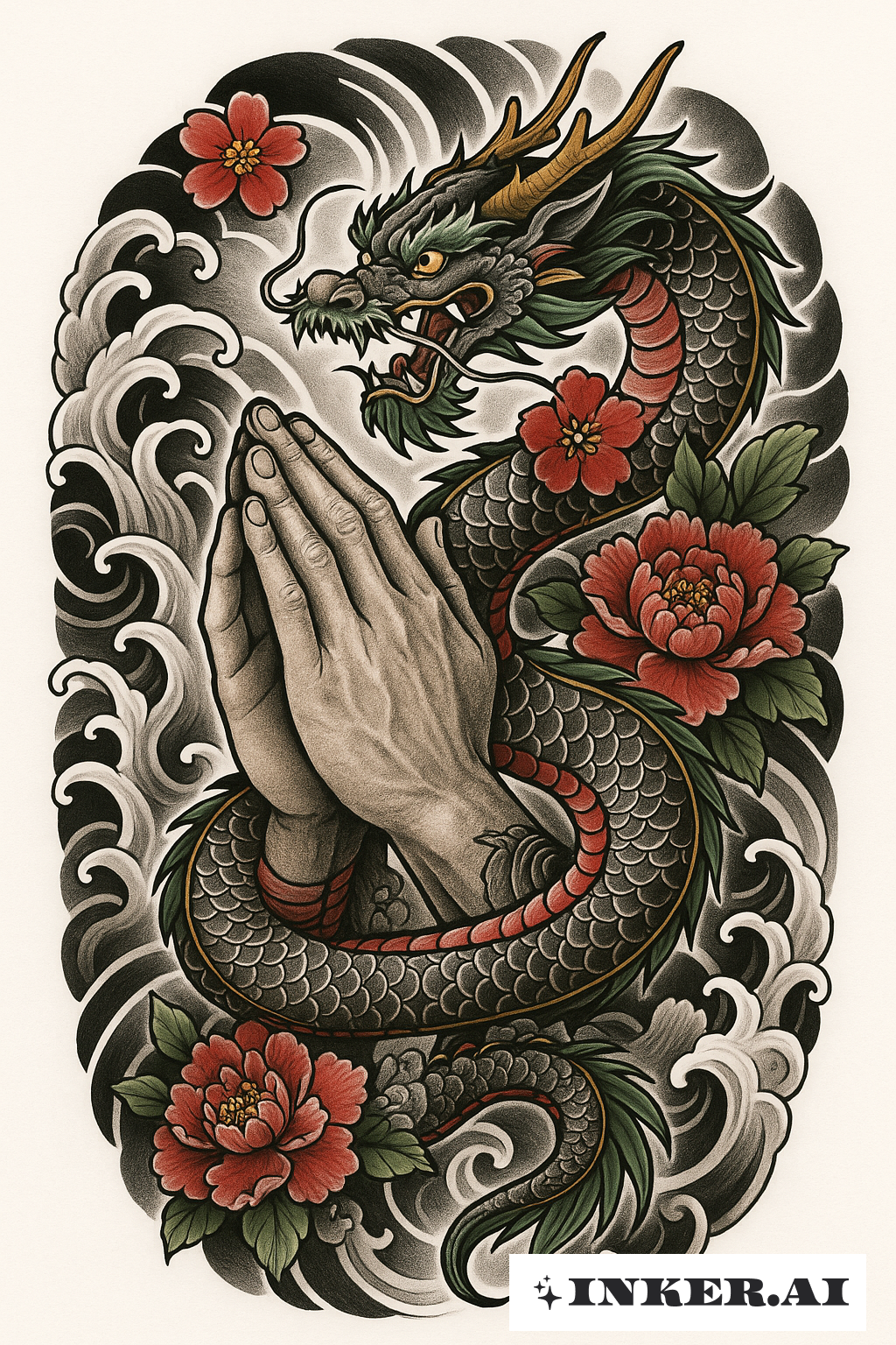 Praying Hands with a Coiling Dragon