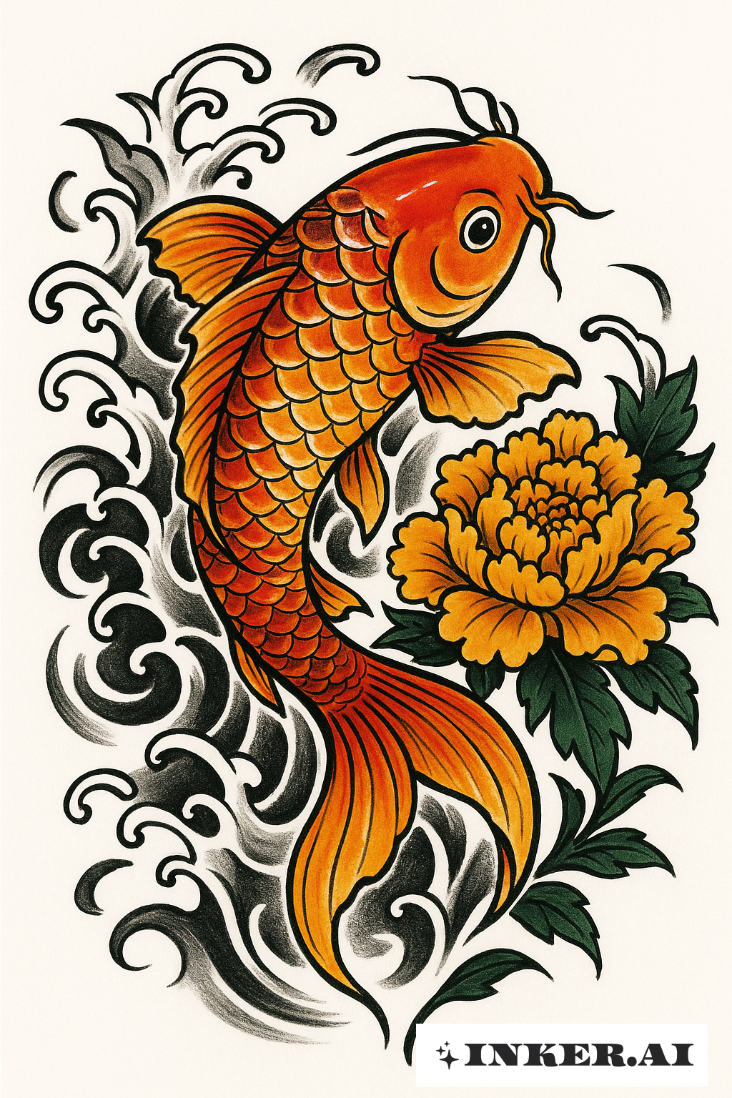 Koi Fish And A Blooming Marigold