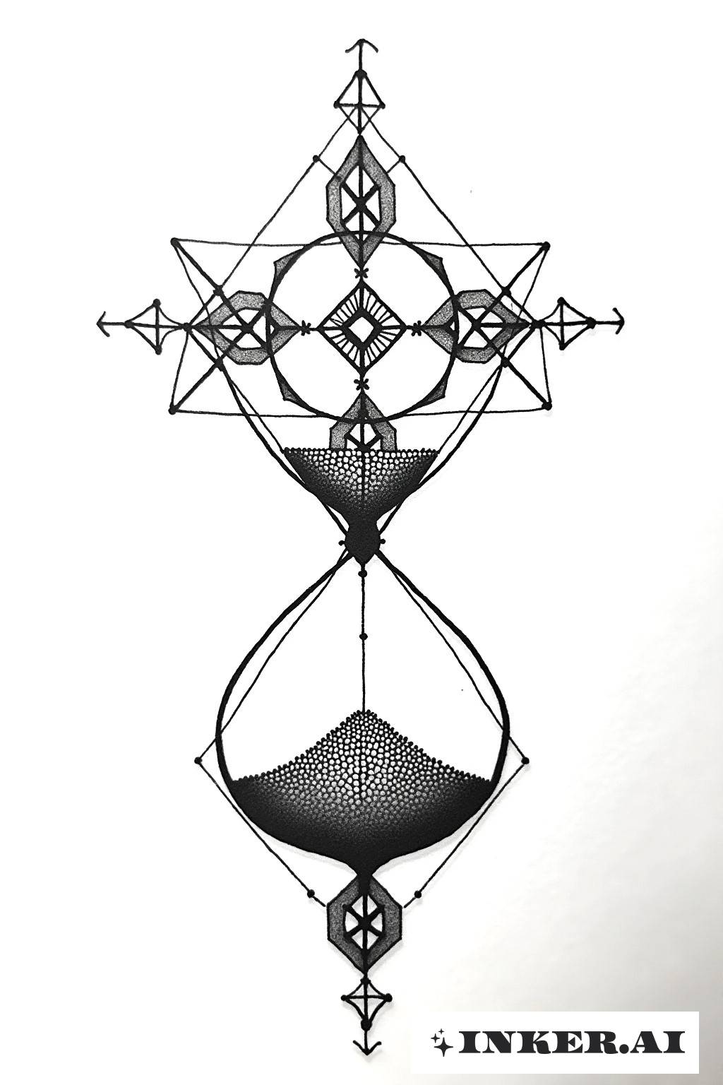 Un tatouage représentant une croix avec un sablier et du sable s'écoulant, en formes géométriques.