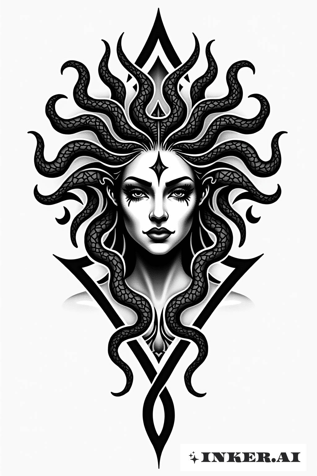 Uma tatuagem no estilo tribal do rosto de Medusa com um aspecto sombrio e misterioso e cabelo de cobra detalhado.