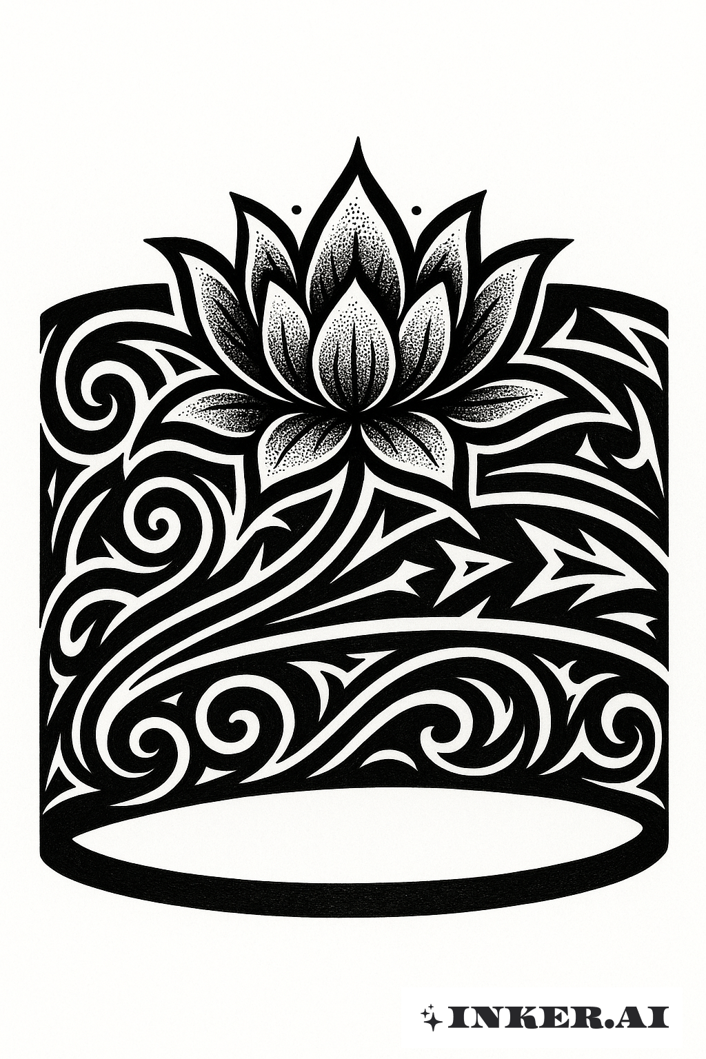 An intricately designed tribal armband tattoo featuring the abstract representation of a black lotus flower.