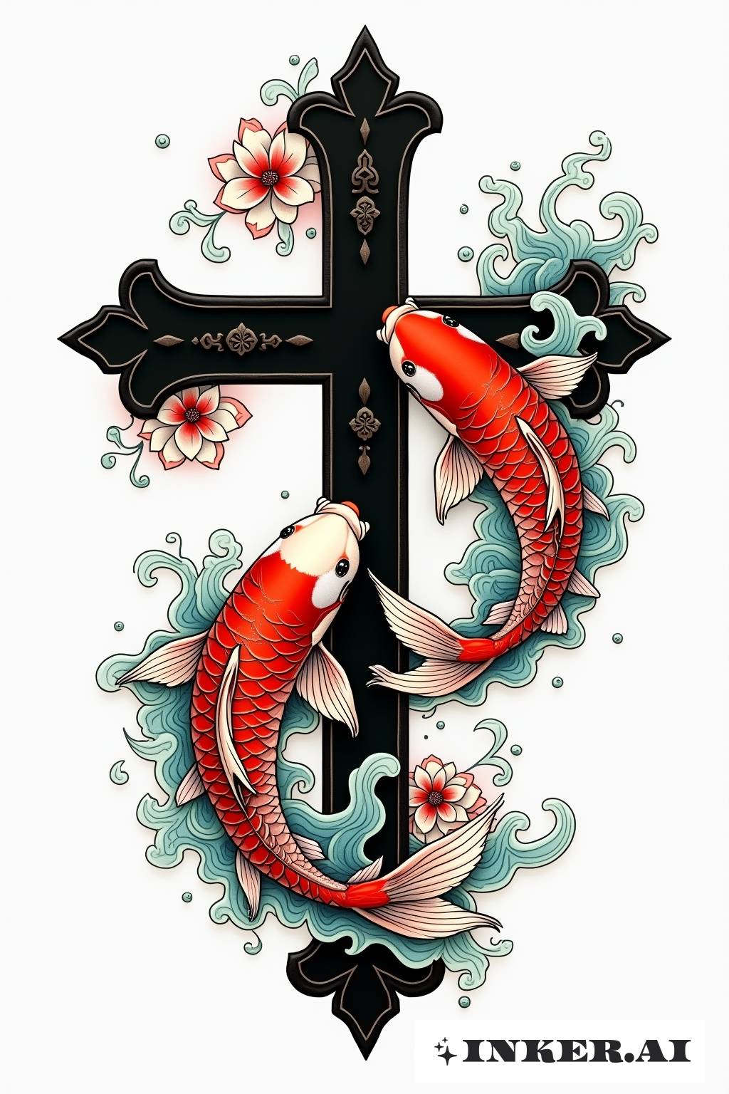 A cross tattoo with koi fish swimming around it in a Japanese tattoo style.
