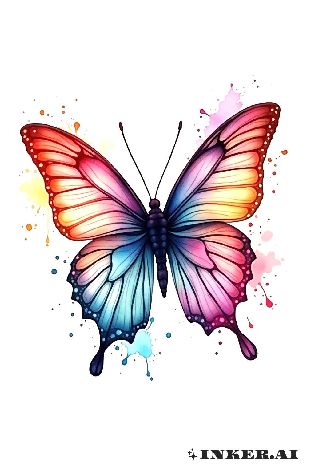 Un hermoso tatuaje acuarela de una mariposa con vibrantes lavados abstractos de color, fusionándose perfectamente en la piel.