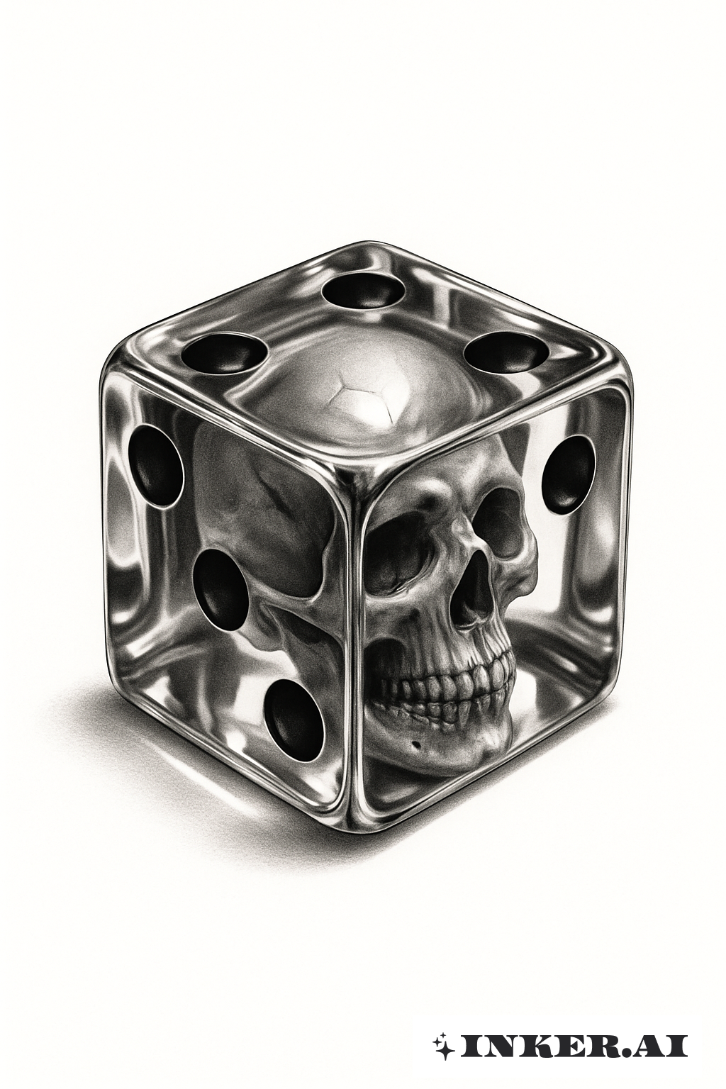 A Reflective Glass Dice with a Skull Inside