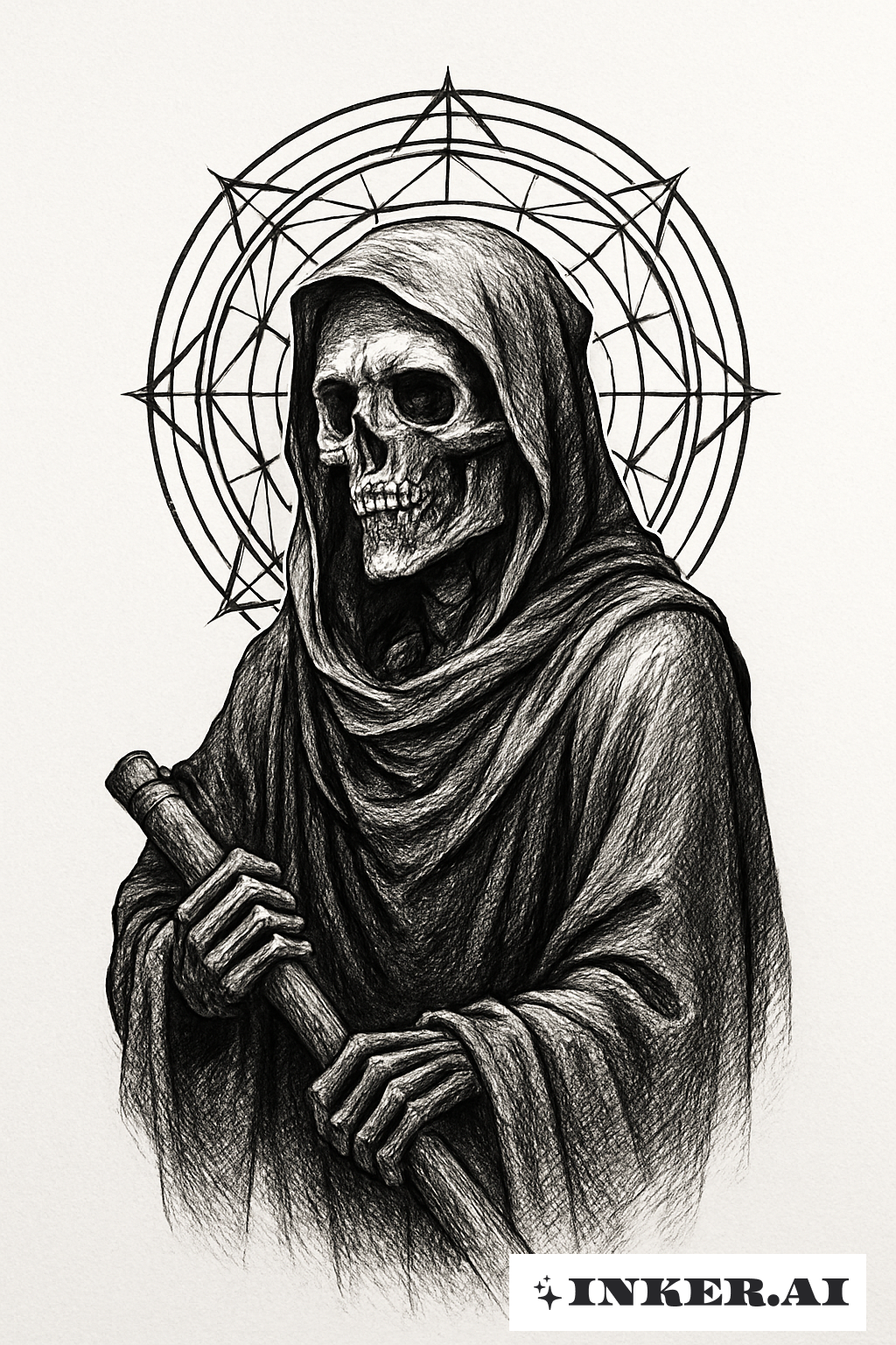 Realistischer Sensenmann mit einem geometrischen Heiligenschein