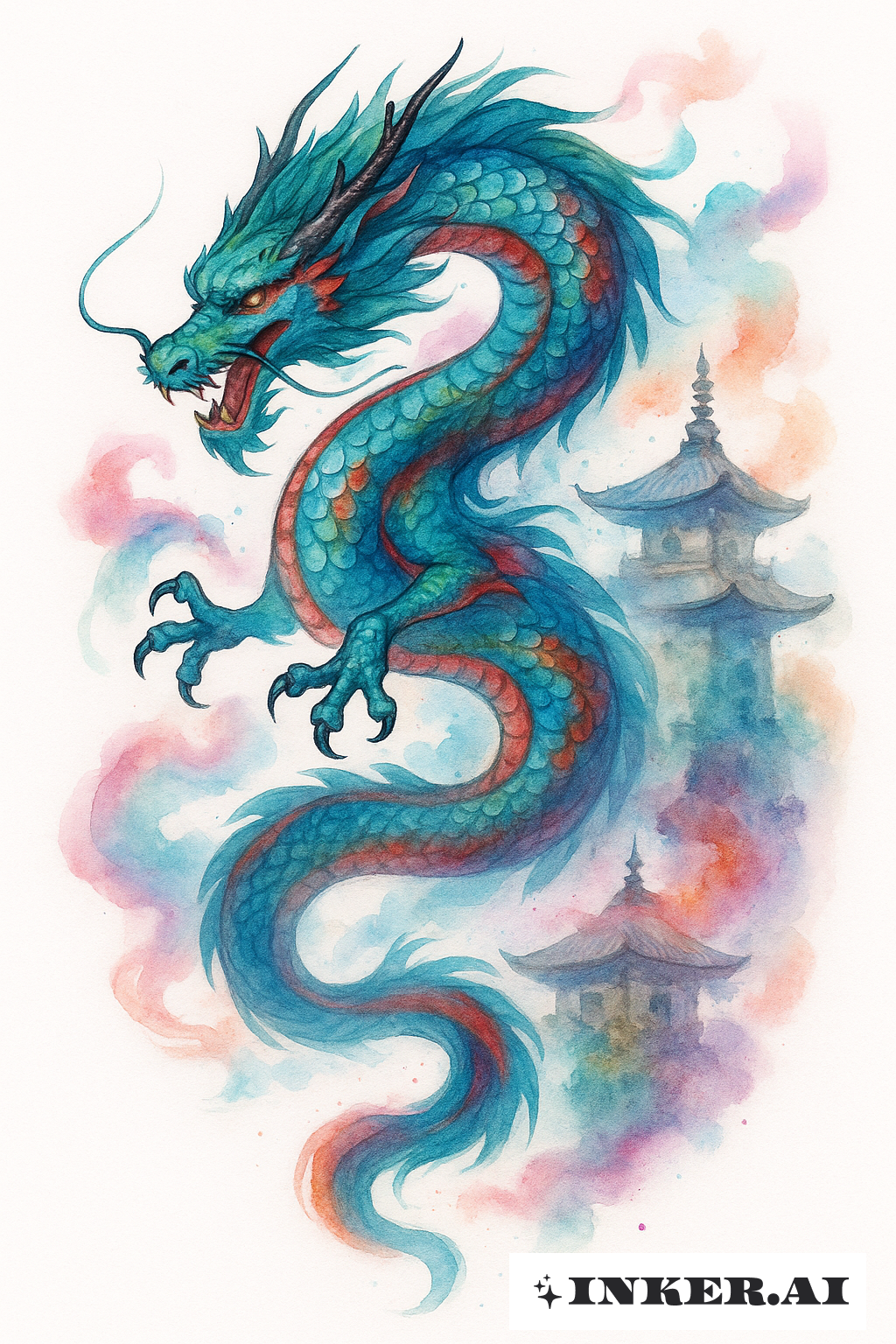 カラフル インク ドラゴン と 霧 の 寺院