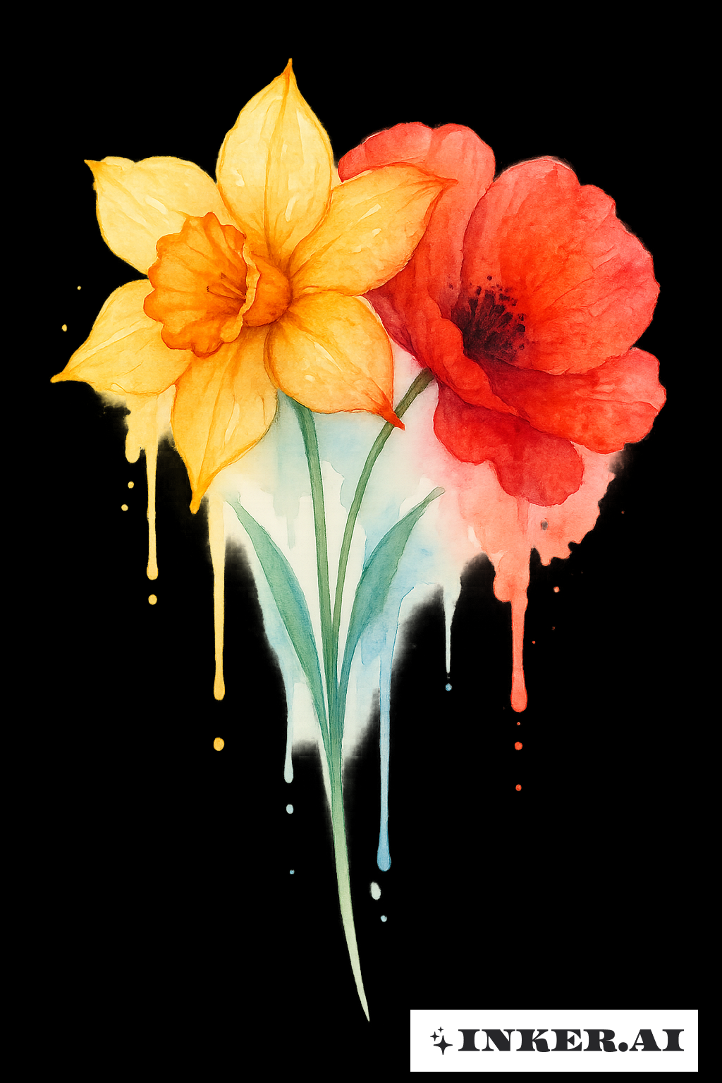Une Jonquille et un Coquelicot Aquarelle Saignante