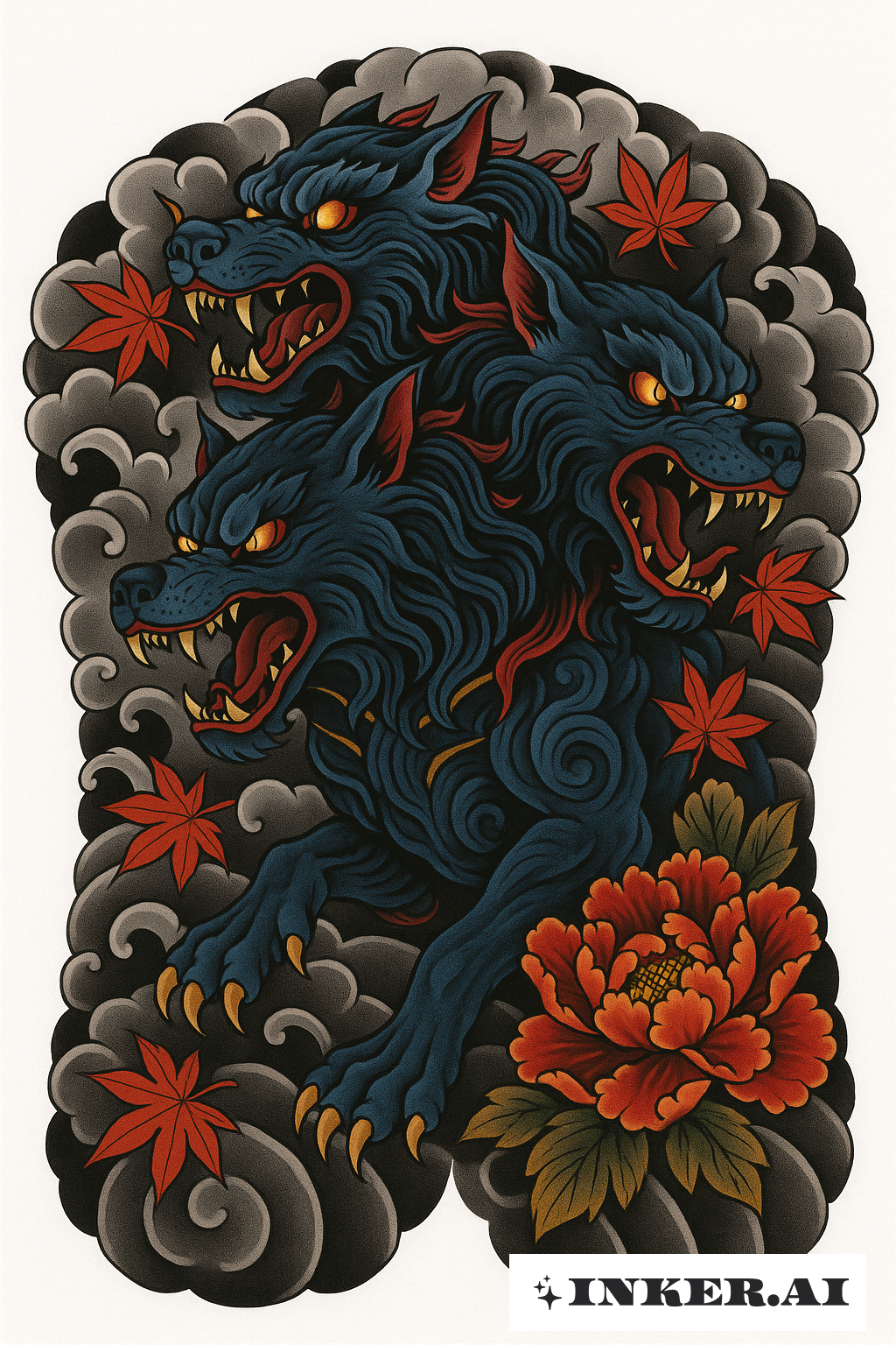 Un Cerbère Féroce en Style Irezumi Traditionnel sur le Dos