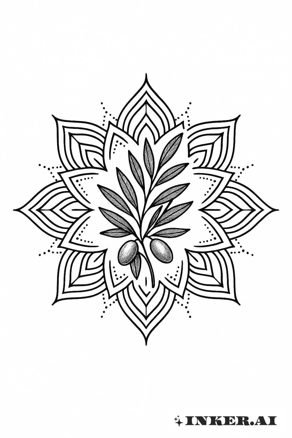 Padrão Mandala com um Ramo de Oliveira Central