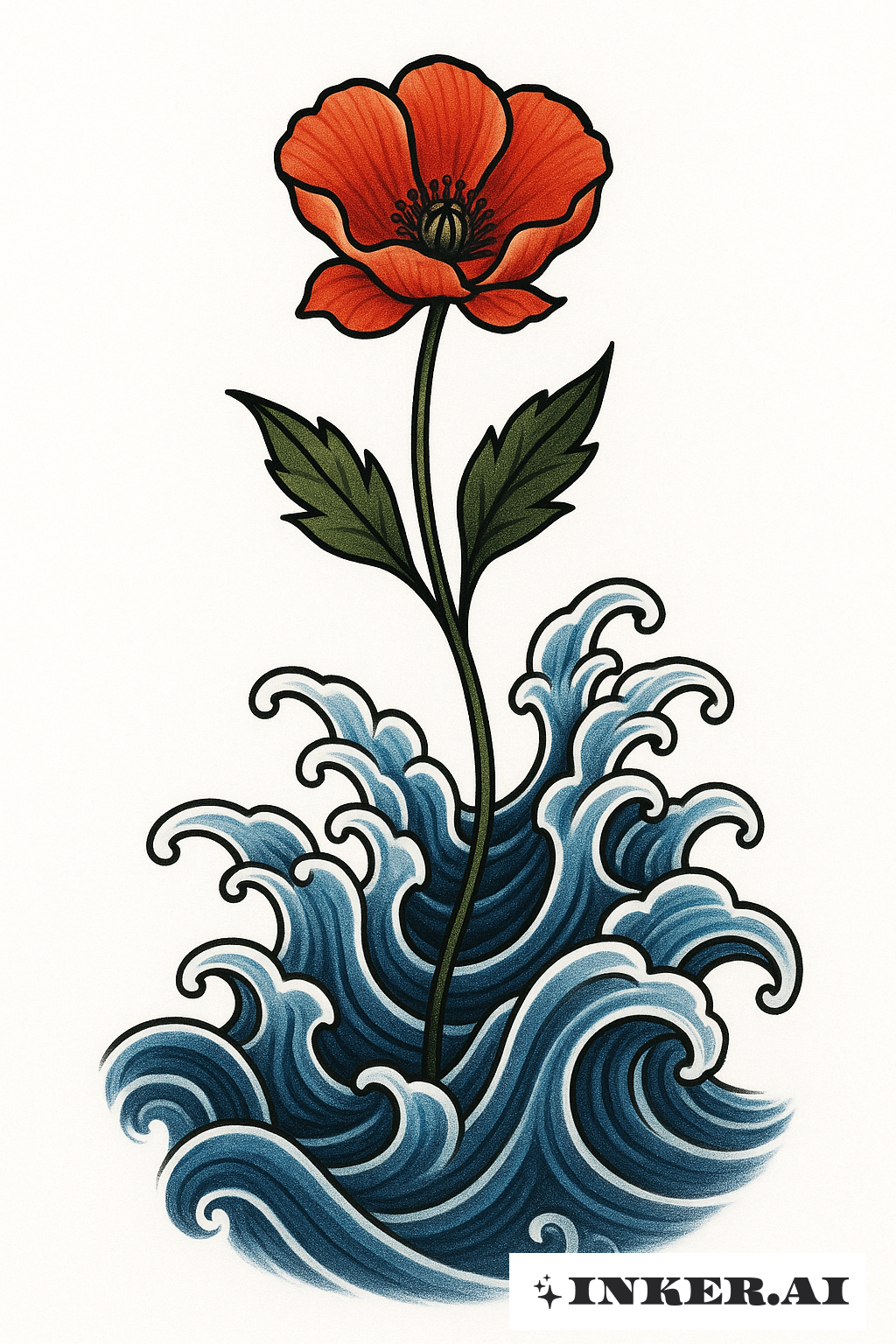 A Single Poppy in Japanese Waves