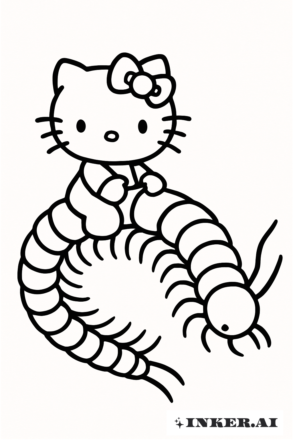 Hello Kitty chevauchant un mille-pattes noir