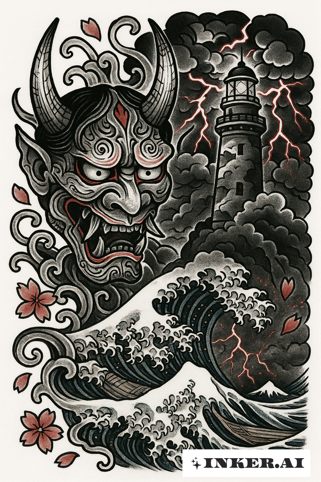 Masque Oni et Phare Tempétueux