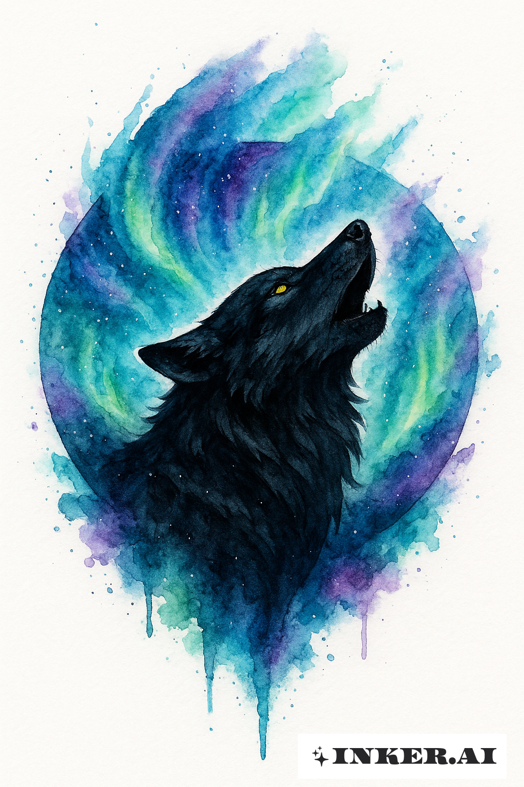 Un majestuoso lobo negro adornado con una vibrante aurora acuarela, fusionando lo etéreo con la naturaleza salvaje de un lobo real.